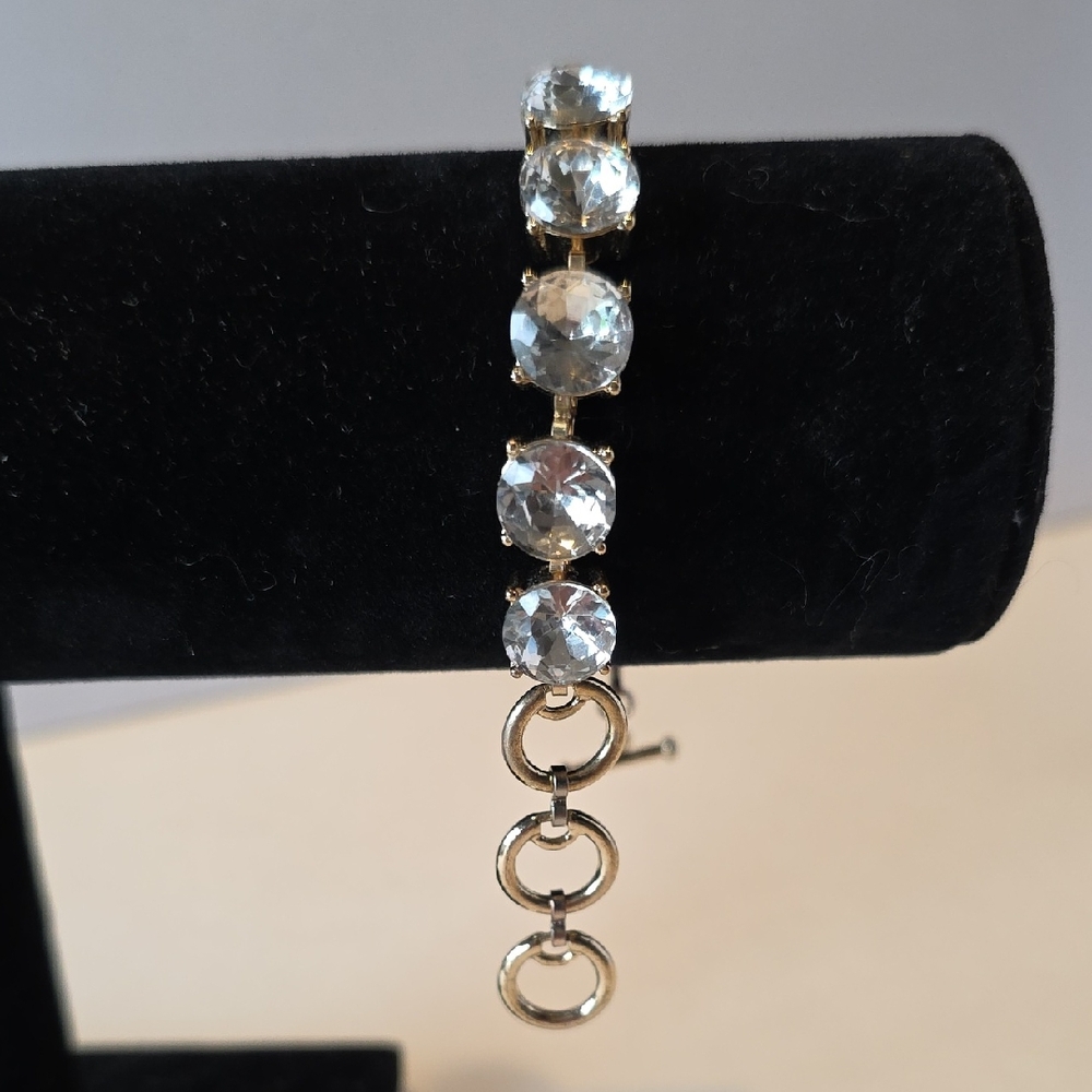 Big Clear Crystal Goldtone Bracelet 7 Inches Bar Hook